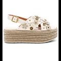 Coach Shoes | Coach Metallic White Espadrille Platform Sandals With Metallic Flower Studs. | Color: Gold/Silver | Size: 9.5