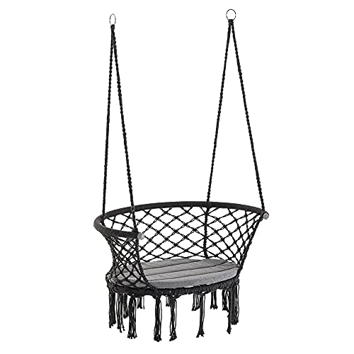 Outsunny Outdoor Hanging Rope Chair with Cotton Rope, Cotton-Polyester Blend Macrame Garden Hammock Chair with Seat Cushion, Support Backrest, for Patio, Garden, Porch, Dark Grey