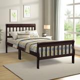Twin Wood Platform Bed Panel Sleigh Bed with Vertical Slats Hollow Headboard