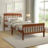 Twin Size Wood Platform Bed Frame Panel Sleigh Bed with Vertical Slats Hollow Headboard Footboard and Wood Slat Support