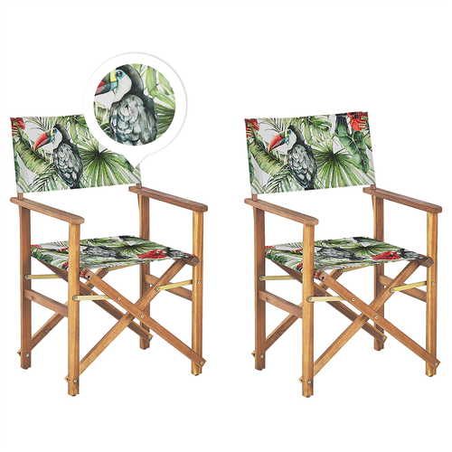 Gartenstühle 2er Set Hellbraunes Akazienholz mit Wechselbarem Bezug Cremeweiß / Bunt Zusammenklappbar Tukanmuster Outdoor Gartenzubehör