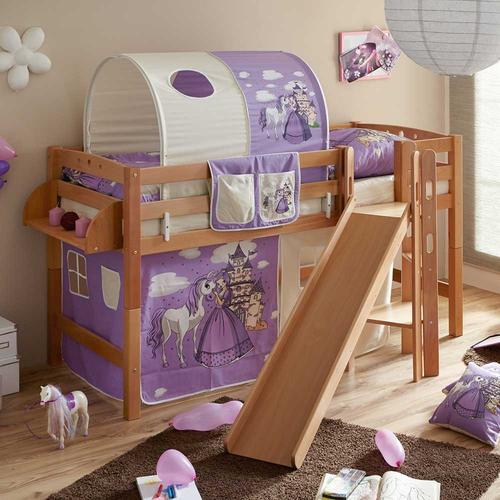 Massivholz Kinderbett im Prinzessin Design Rutsche und Vorhang in Lila
