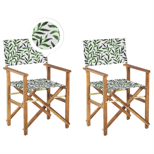 Gartenstühle 2er Set Helles Akazienholz mit Wechselbarem Bezug Grau / Grün Zusammenklappbar Blattmuster Outdoor Gartenzubehör