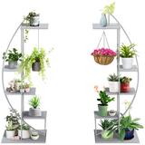 Outsunny 5 Tier Metal Plant Stand Half Moon Shape Ladder Flower Pot Holder Shelf for Patio Lawn Garden Balcony Decor, 2 Pack