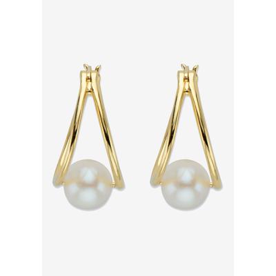 Women's Yellow Gold Plated Sterling Silver Genuine Pearl Split Hoop Earrings by PalmBeach Jewelry in Pearl