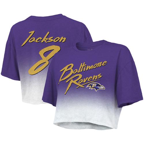 Damen Majestic Threads Lamar Jackson Lila/Weiß Baltimore Ravens Dip-Dye Crop Top mit Spielernamen und Nummer