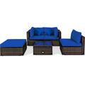 Costway 5 Pcs Outdoor Patio Rattan Furniture Set Sectional Conversation with Navy Cushions-Navy