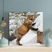 Loon Peak® Brown Fox Leaning On White Pet House - 1 Piece Square Graphic Art Print On Wrapped Canvas in Brown/Gray/White | Wayfair