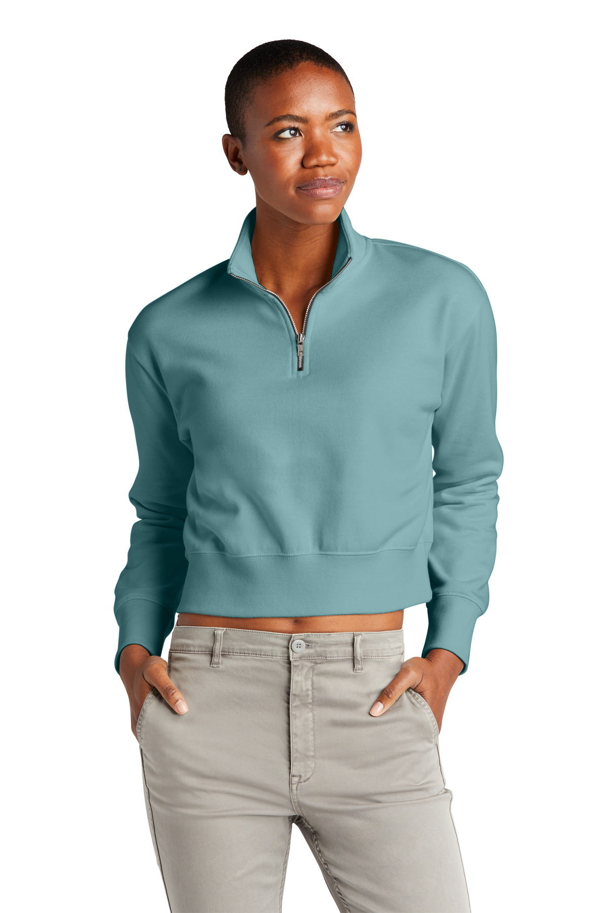 District DT6111 Women's V.I.T. Fleece 1/2-Zip T-Shirt in Eucalyptus Blue size Large | Cotton/Polyester Blend