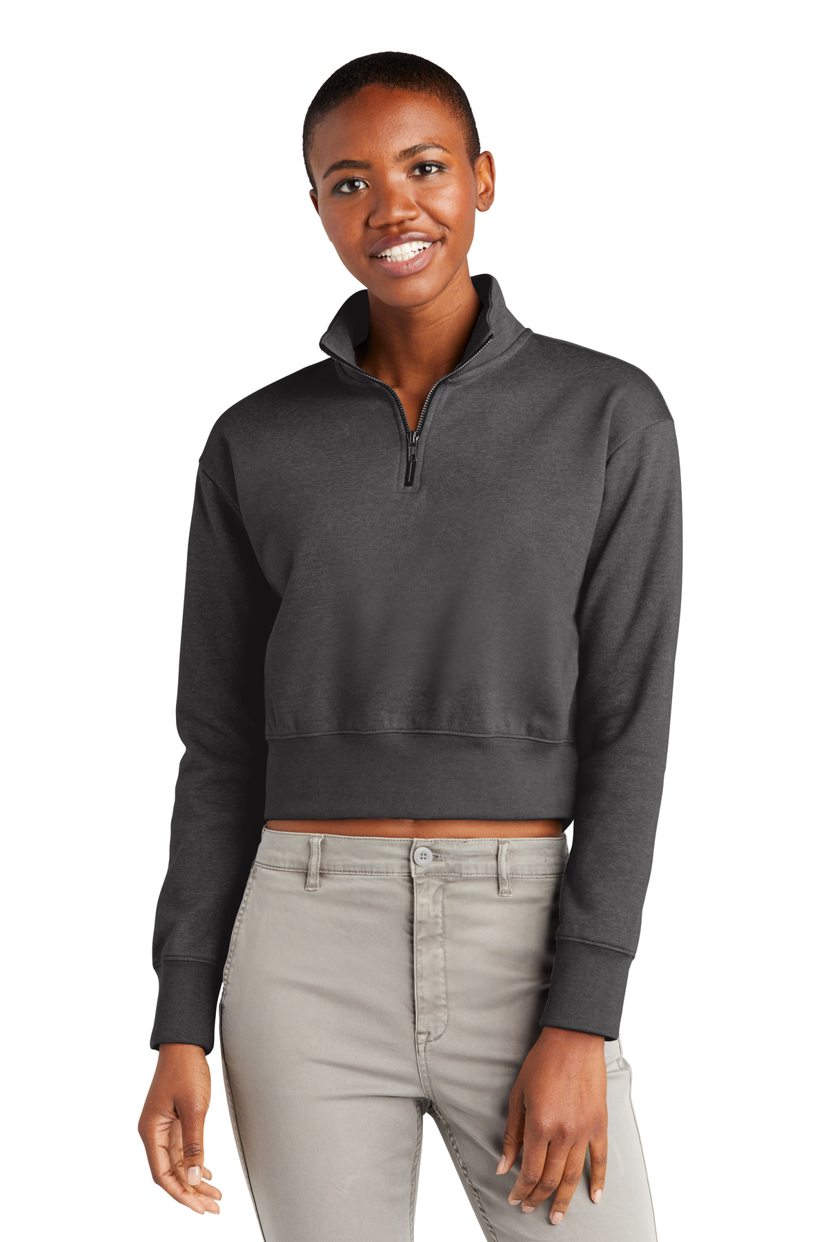 District DT6111 Women's V.I.T. Fleece 1/2-Zip T-Shirt in Heathered Charcoal size Medium | Cotton/Polyester Blend