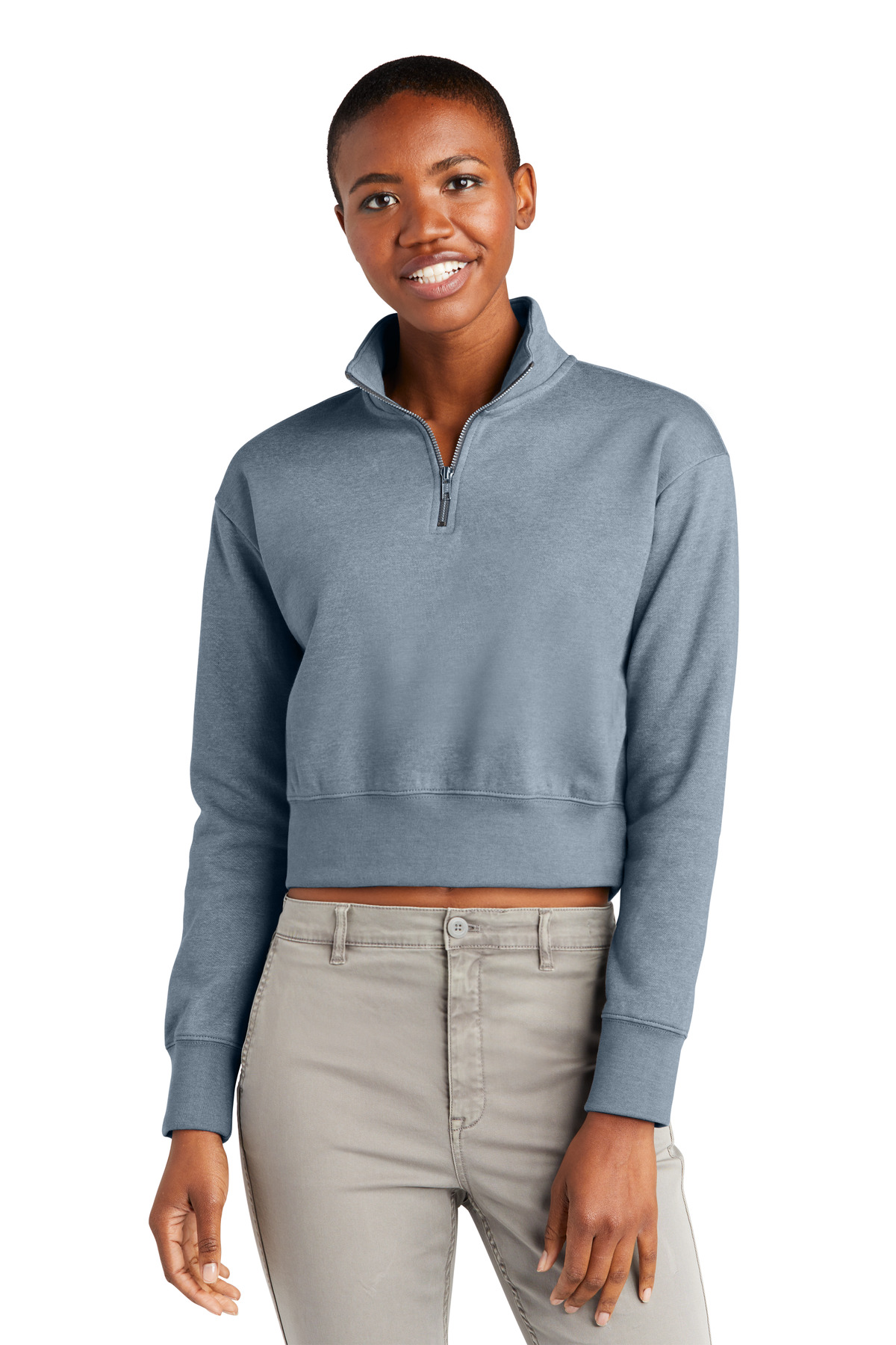 District DT6111 Women's V.I.T. Fleece 1/2-Zip T-Shirt in Flint Blue Heather size XS | Cotton/Polyester Blend