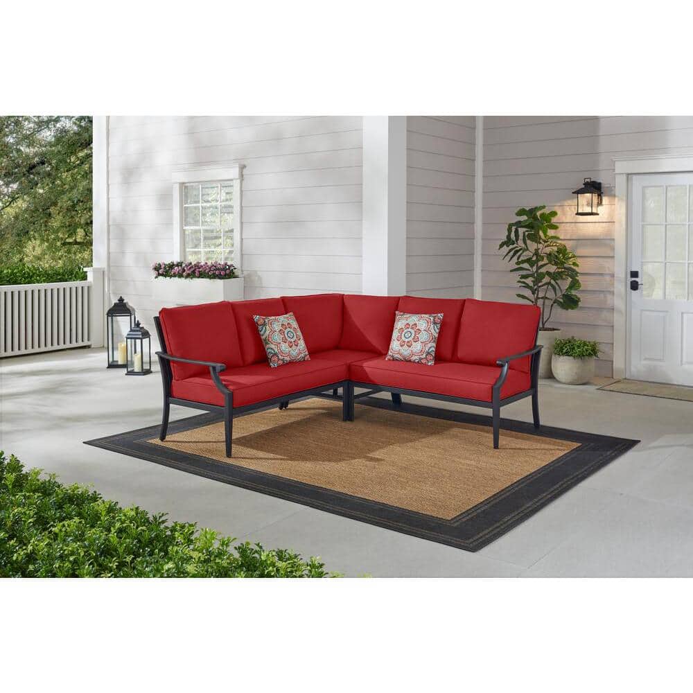 Hampton Bay Braxton Park 3-Piece Black Steel Outdoor Patio Sectional Sofa with CushionGuard Chili Cushions