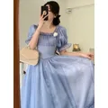 Robe Mi-Longue Élégante pour Femme Tenue de Soirée Vintage Chic Coréenne Rétro Bleue Dégradée