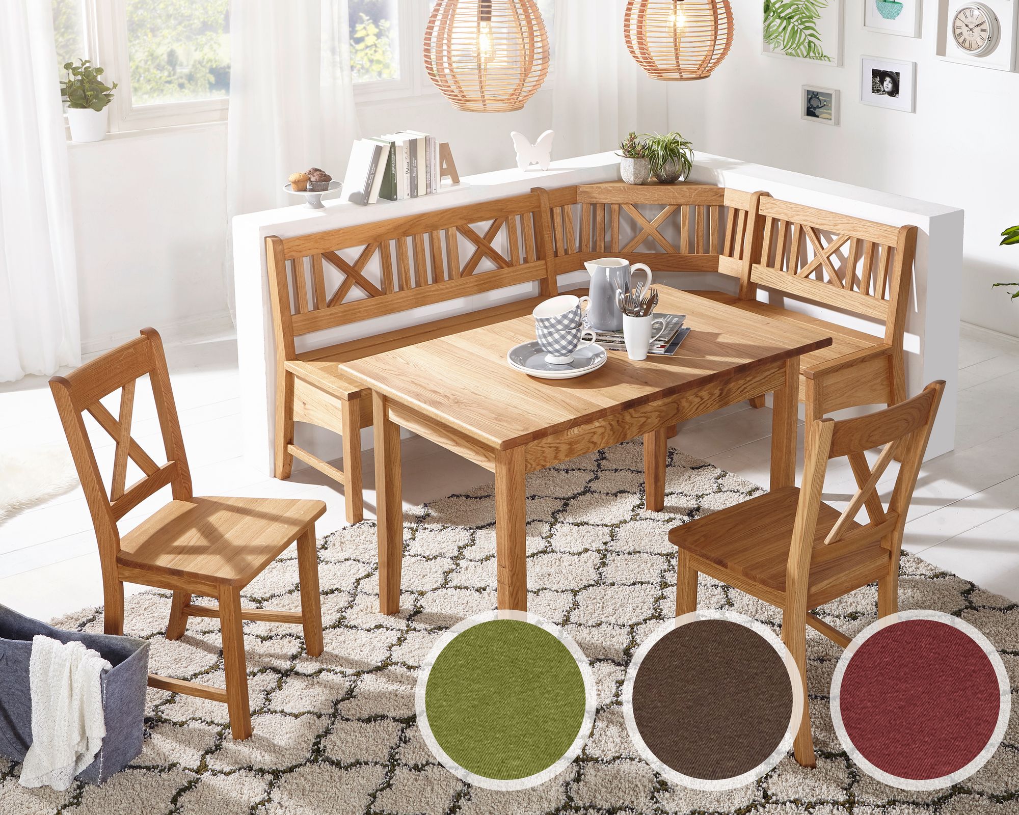 Schösswender »Königsee« Eckbankgruppe Wildeiche massiv Eckbank / 2 Stühle / Vierfußtisch / mit Auszug / Tiago 9636 grün