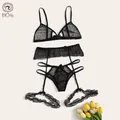 LEassassined EE New Mesh Sexy Women Lingerie 3pcs Bra Set Hollow Out Brassiere Transparent Underwear