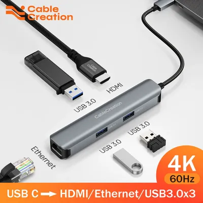 HUB USB C 5 en 1 Type C vers HDMI 4K 60Hz RJ45 Adaptateur USB 3.0 pour MacPleAir 2020 iPad Pro
