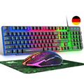 Keyboard Mouse Set with USB Cable, German Layout, QWERTZ Keyboard, LED Backlit Gaming Keyboard, 2400 DPI Mouse with 6 Buttons, Keyboard and Mouse, Compatible with PC, PS5, PS4, Xbox