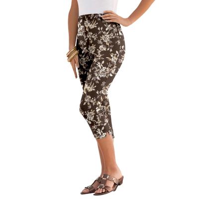 Plus Size Women's Essential Stretch Capri Legging by Roaman's in Chocolate Sketch Floral (Size 12) Activewear Workout Yoga Pants