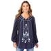 Plus Size Women's Embroidered Boho Tunic by Roaman's in Navy Boho Floral Embroidery (Size 14 W)