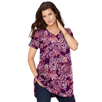 Plus Size Women's Short-Sleeve V Neck Ultimate Tunic by Roaman's in Dark Berry Butterfly Bloom (Size 4X) Long T-Shirt Tee