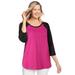 Plus Size Women's Three-Quarter Sleeve Baseball Tee by Woman Within in Raspberry Black (Size M) Shirt
