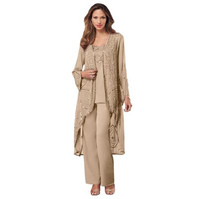 Plus Size Women's Beaded Pant Set by Roaman's in Sparkling Champagne (Size 18 W) Sheer Jacket Formal Evening Wear