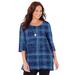 Plus Size Women's Easy Fit 3/4-Sleeve Scoopneck Tee by Catherines in Royal Navy Plaid (Size 5X)