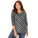 Plus Size Women's Suprema® 3/4 Sleeve V-Neck Tee by Catherines in Black Plaid (Size 3XWP)