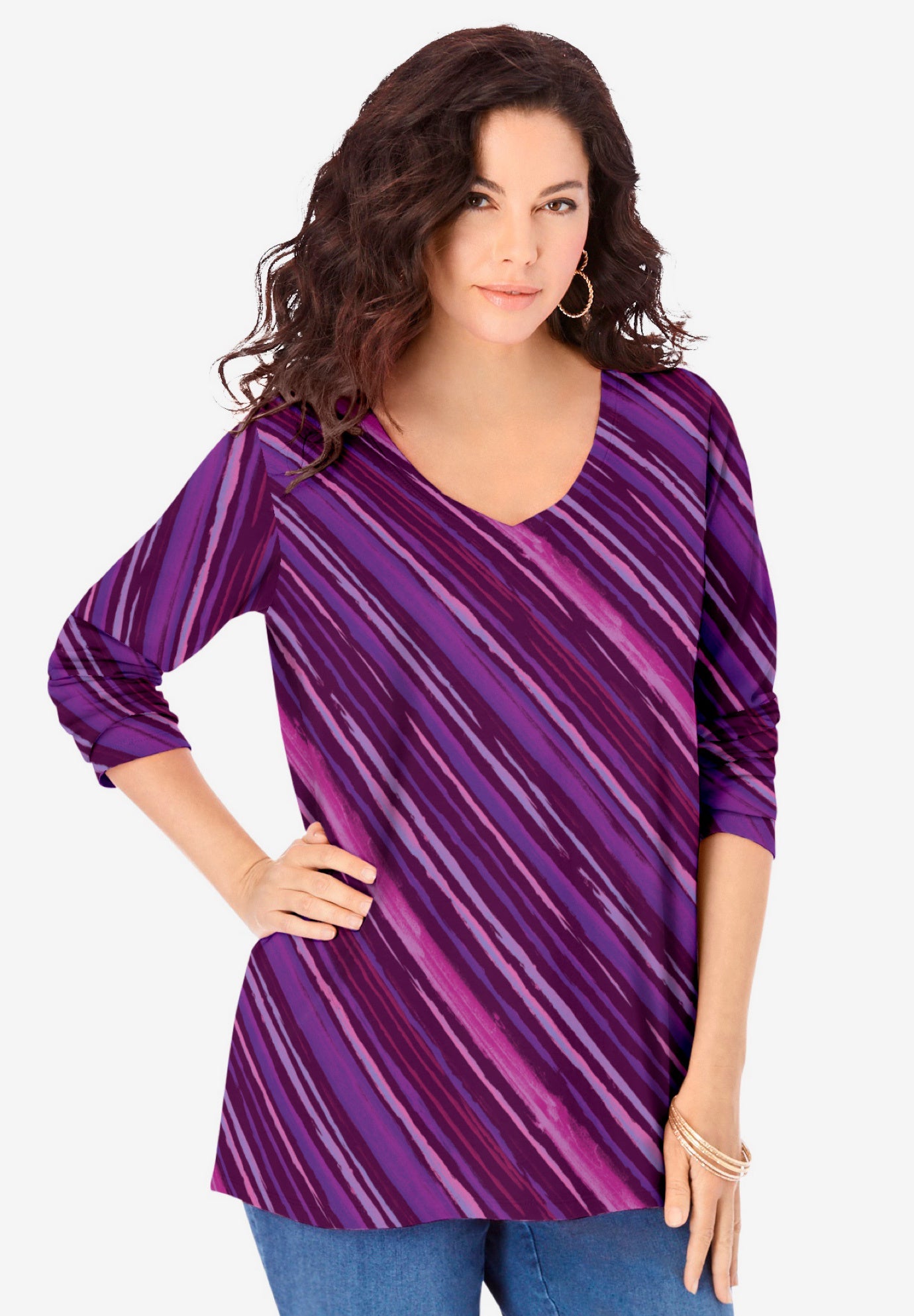 Plus Size Women's Ultimate Long Sleeve V Neck Tee by Roaman's in Purple Watercolor Stripe (Size 34/36) Shirt