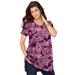 Plus Size Women's Short-Sleeve V-Neck Ultimate Tunic by Roaman's in Dark Berry Butterfly Bloom (Size 3X) Long T-Shirt Tee