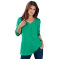 Plus Size Women's Long-Sleeve Henley Ultimate Tee with Sweetheart Neck by Roaman's in Tropical Emerald (Size M) 100% Cotton Shirt