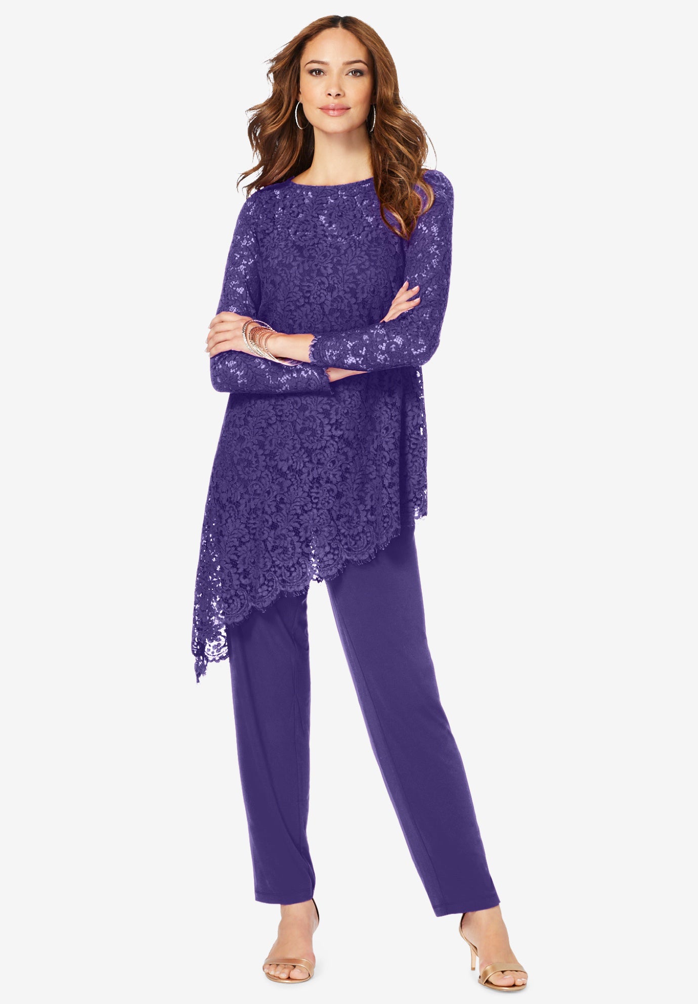 Plus Size Women's Plus-Size Asymmetrical Lace Pant Set -Long Sleeve Lace Scalloped Tunic & Elastic Waist Pants by Roaman's in Midnight Violet (Size 3
