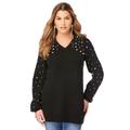Plus Size Women's Embellished Pullover Sweater with Blouson Sleeves by Roaman's in Black (Size 26/28)