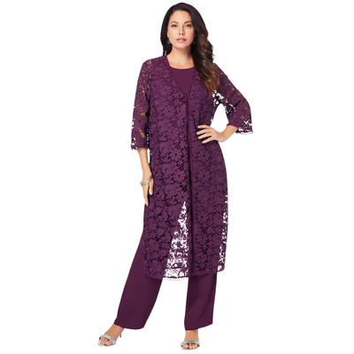 Plus Size Women's Three-Piece Lace Duster & Pant Suit by Roaman's in Dark Berry (Size 38 W)
