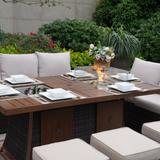 Brown Outdoor Rectangular Dining Table Chair Set With Gas Firepit And Ice Bucket and Ottomans