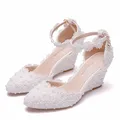 Escarpins à talons compensés pour femmes chaussures de mariage reine de cristal blanc à lacets