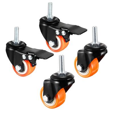 1.5 Inch Swivel Caster Wheels PU Threaded Stem (2 and Brake, 2 No Brake) 4 Pcs - Black, Orange