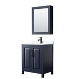 Daria 30 Inch Single Bathroom Vanity in Dark Blue, White Cultured Marble Countertop, Undermount Square Sink, Matte Black Trim, Medicine Cabinet - Wyndham WCV252530SBBWCUNSMED