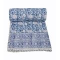 YUVANCRAFTS Indian Block Print Kantha Quilt Queen Size Kantha Throw Kantha Bedspread Blanket Cotton Bed Cover Vintage Quilt Boho Kantha Quilts Queen Size Quilt Blanket (Queen 90 X 108 Inch, Blue)