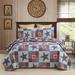 Patriotic Quilt Set Americana Stars and Plaid Patchwork Coverlet with 2 Shams