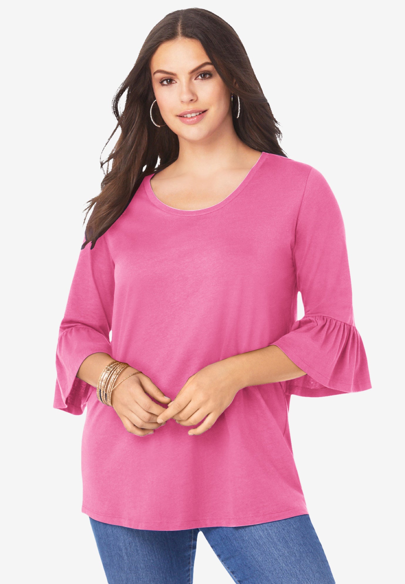 Plus Size Women's Plus Size Cotton Ultimate Bell Sleeve Tee by Roaman's in Soft Blush (Size 42/44) Shirt