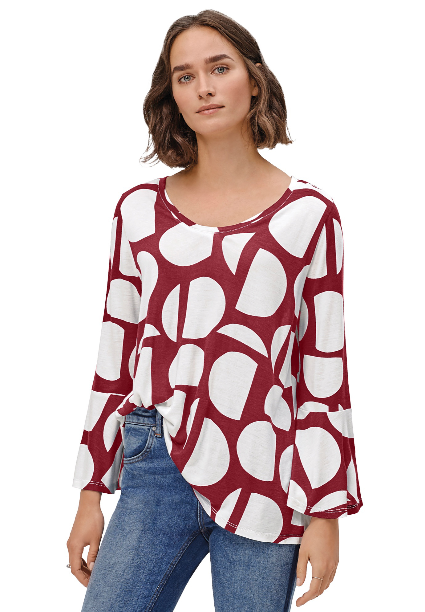 Plus Size Women's Bell Sleeve A-Line Knit Tunic by ellos in Maroon Red Graphic Print (Size 38/40)