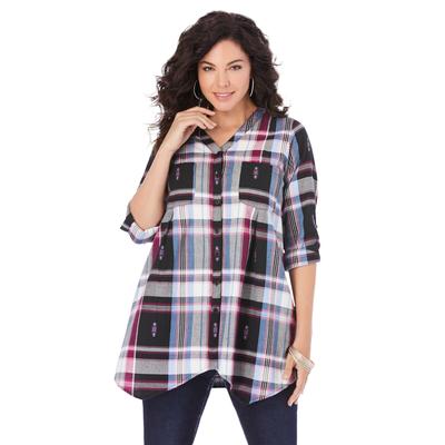 Plus Size Women's Soft Plaid Button-Up Big Shirt by Roaman's in Black Medallion Plaid (Size 36 W)