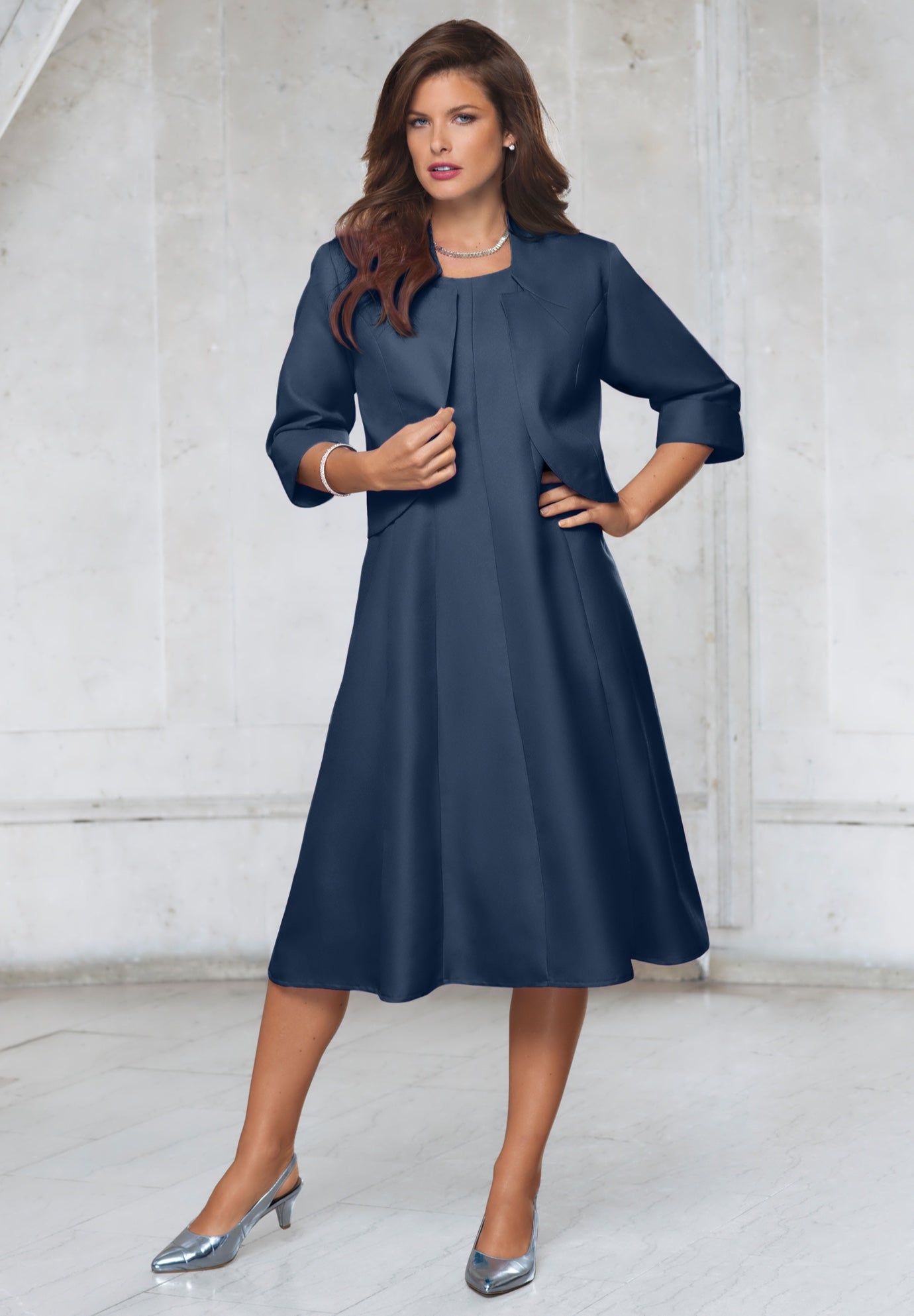Plus Size Women's Plus Size Elbow Sleeve Fit-and-Flare Dress with Bolero Jacket - 2-Piece Suit by Roaman's in Navy (Size 36 W)