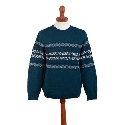 Andean Teal Sky,'Men's Knit Teal Sweater Made from...