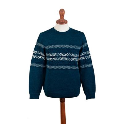 Andean Teal Sky,'Men's Knit Teal Sweater Made from...