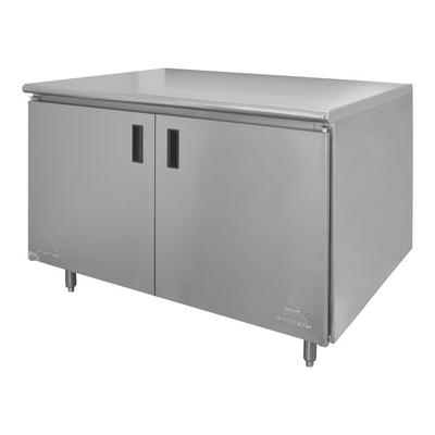 Advance Tabco HB-SS-304M 30" x 48" 14 Gauge Enclosed Base Stainless Steel Work Table with Hinged Doors and Fixed Midshelf