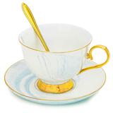 3-Piece Blue Marble Tea Cup and Saucer Gift Set for 1, 7 oz Teacup with Gold Spoon