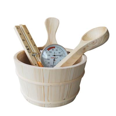 Saunazubehörbox basic 5-teilig Saunazubehörset Saunakübel Holzkelle Sanduhr Thermohygromet