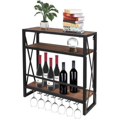 Todeco - Weinregal Wandmontiert mit Glashalter Holz Metall Flaschenregal mit 3 Ebenen für 12 Image